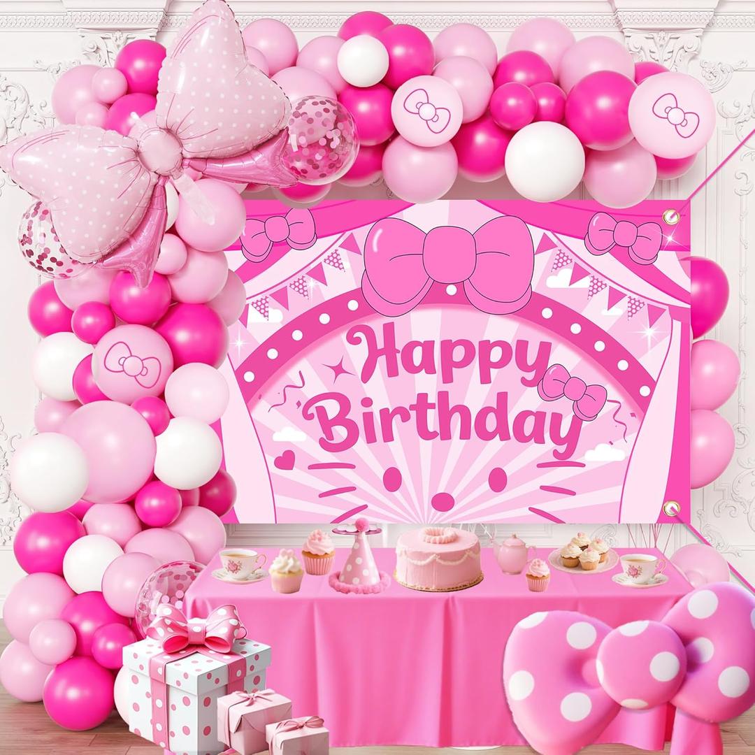 Cartoon Cat Theme Birthday Party Decorations Kit - Pink Hot Pink Balloons with Arch Garland for Background Birthday Girls Kids