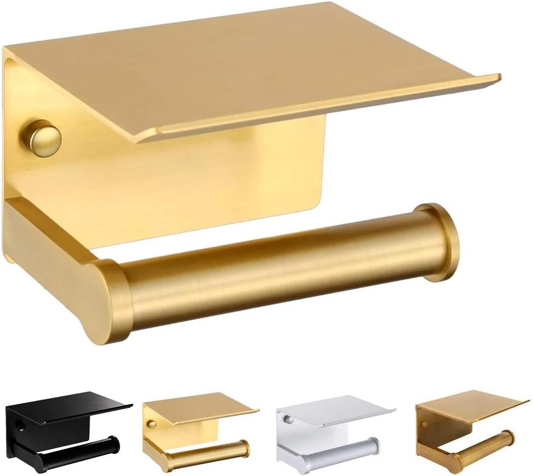 Toilet Paper Holder Toilet Paper Hanger with Mobile Phone Storage Shelf -Wall Mount (4# Golden)