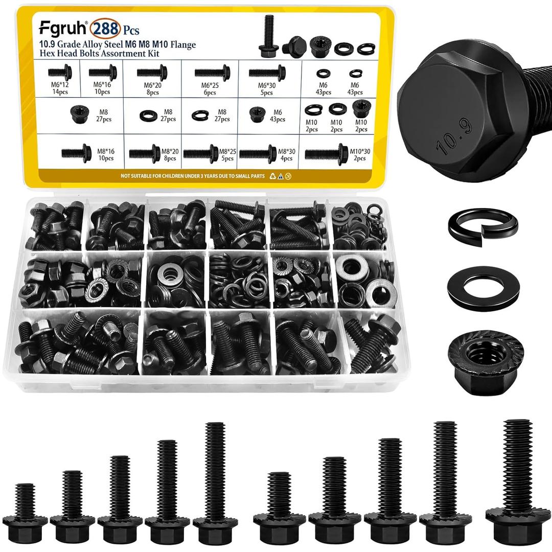 288PCS Metric Flange Head Bolts Assortment Kit,M6-1.0,M8-1.25,M10-1.5 Flanged Hex Bolt and Serrated Flange Nuts Washers Assorted,10.9 Black Zinc Galvanized (Length 12/16/20/25/30 mm)