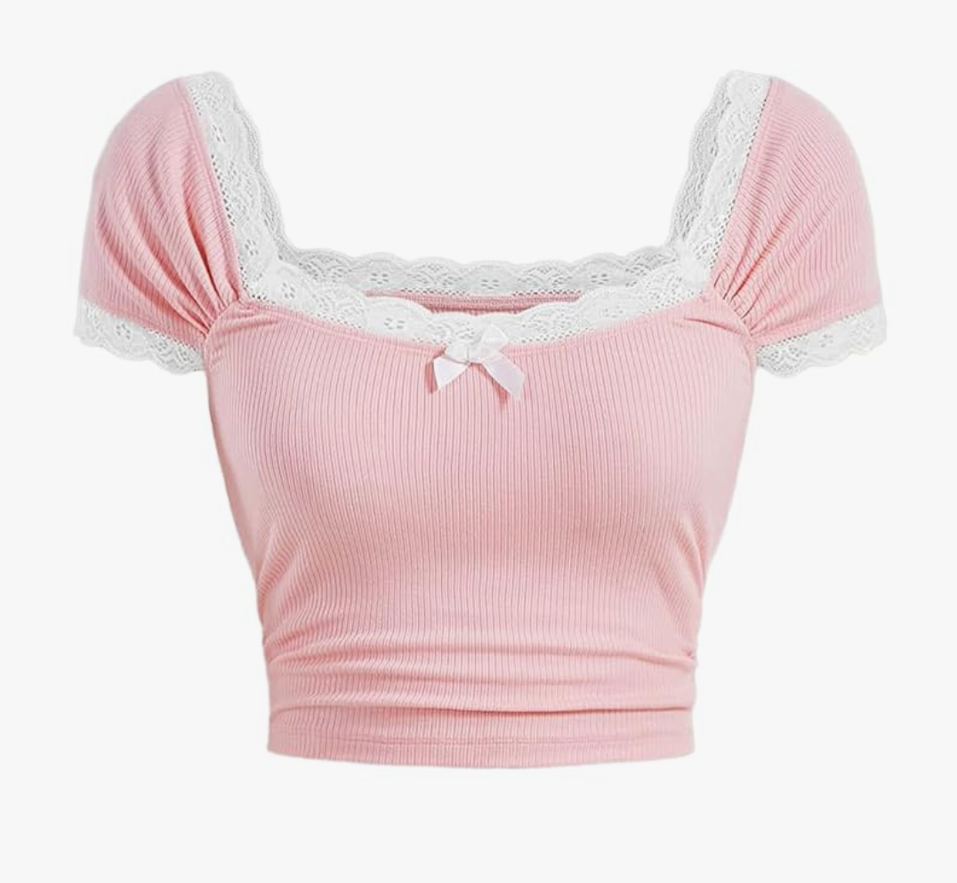 Girl's Lace Puff Short Sleeve Crop Tops Ribbed Knit Bowknot Square Neck T Shirt Cute Tops, Size 10 Y
