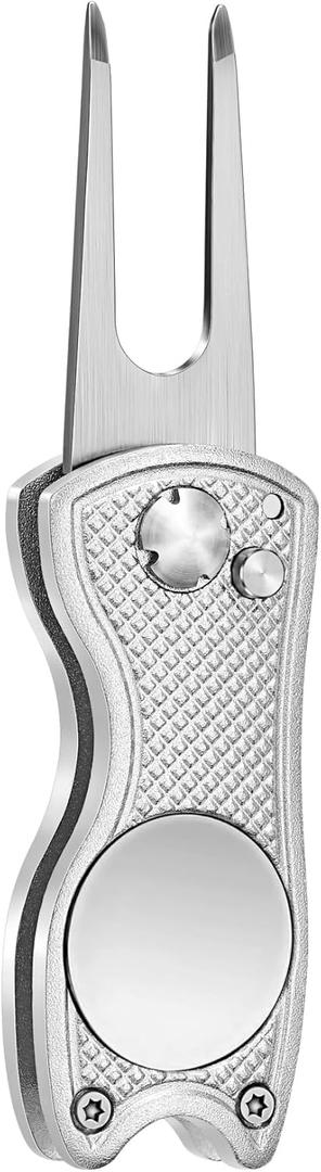 Mile High Life Golf Divot Repair Tool, All Metal Foldable Divot Tool with Pop-up Button & Magnetic Ball Marker, 2-6 Pack (Silver Fish)