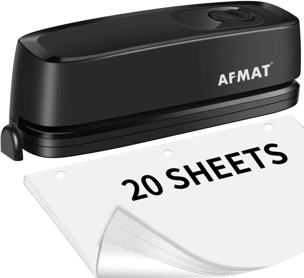 3 Hole Punch, AFMAT Electric Three Hole Punch Heavy Duty, 20-Sheet Punch Capacity, AC or Battery Operated Paper Punch, Effortless Punching, Long Lasting Paper Puncher for Office School Studio, Black (Black)