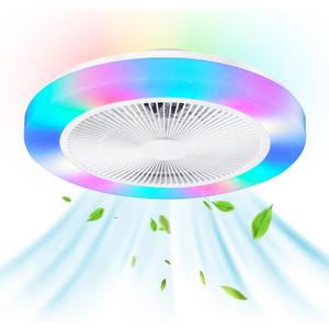 Low Profile Ceiling Fan with Light, 19.6in RGB-LED Dimmable Enclosed Ceiling Fans with APP Control, 6 Speeds Bladeless Flush Mount Enclosed Ceiling Fan for Bedroom Kids Room Party(White)