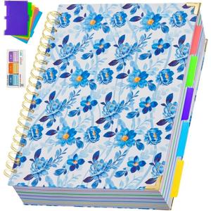 Hardcover Spiral Notebook 8.5" x 11" with Removable Dividers, 300 Pages 5 Subject College Ruled Notebook for Work with Tabs, A4 Spiral Journal for Women Men, School Students Note Taking, Blue Floral