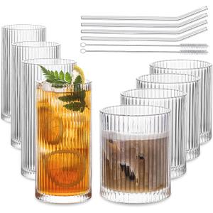 INSETLAN Set of 8 Vintage Glassware - 3 Highball Glasses 12 oz, 4 Rocks Glass Cups 14 oz, Ribbed Glassware Cocktail Glasses, Ideal for Wine, Juice, Water, Ice Coffee Cup, Whiskey, Mixed Drinkware