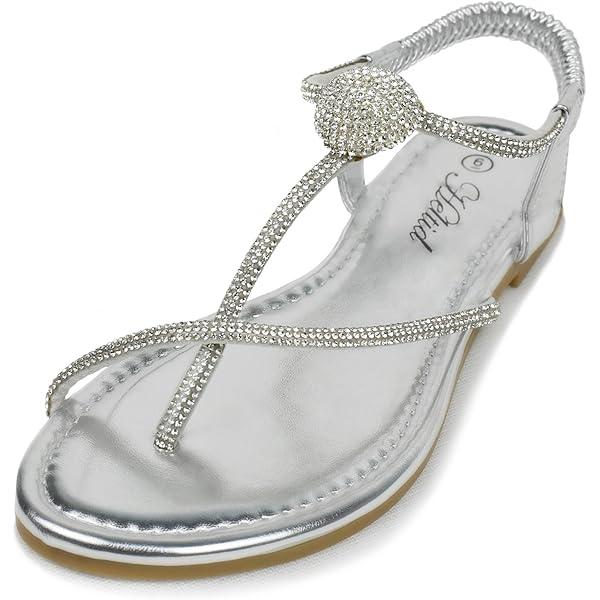 SheSole Womens Sparkly Rhinestone Flats Sandals Beach Bride Wedding Shoes Silver, Size 7.5