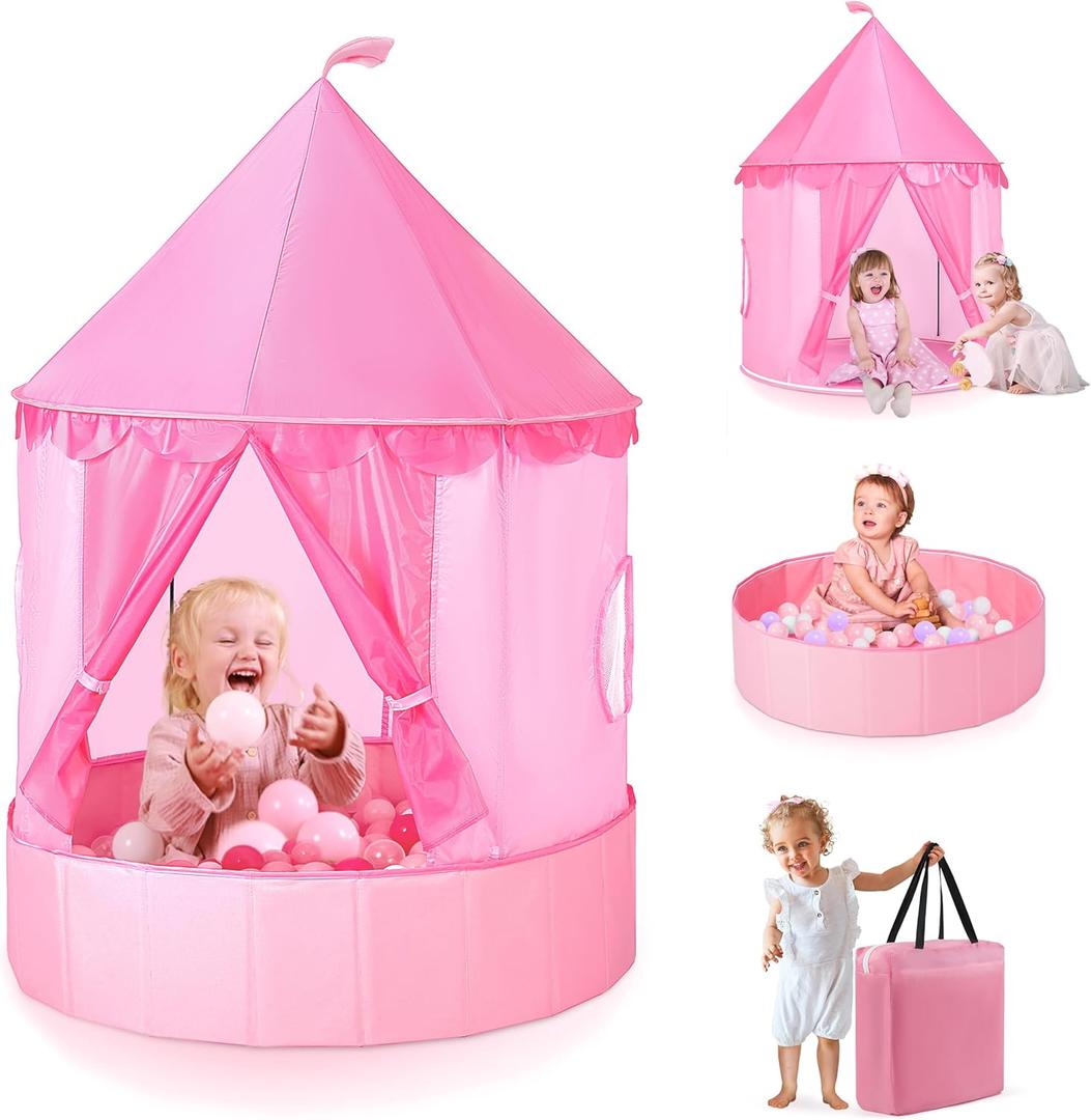 3-in-1 Ball Pit & Play Tent for Toddlers: Large 40" Pink Kids Ball Pit and Princess Tent - Princess Castle Playhouse Tent for Girls Kids Babies - Foldable Portable Toys for Indoor & Outdoor