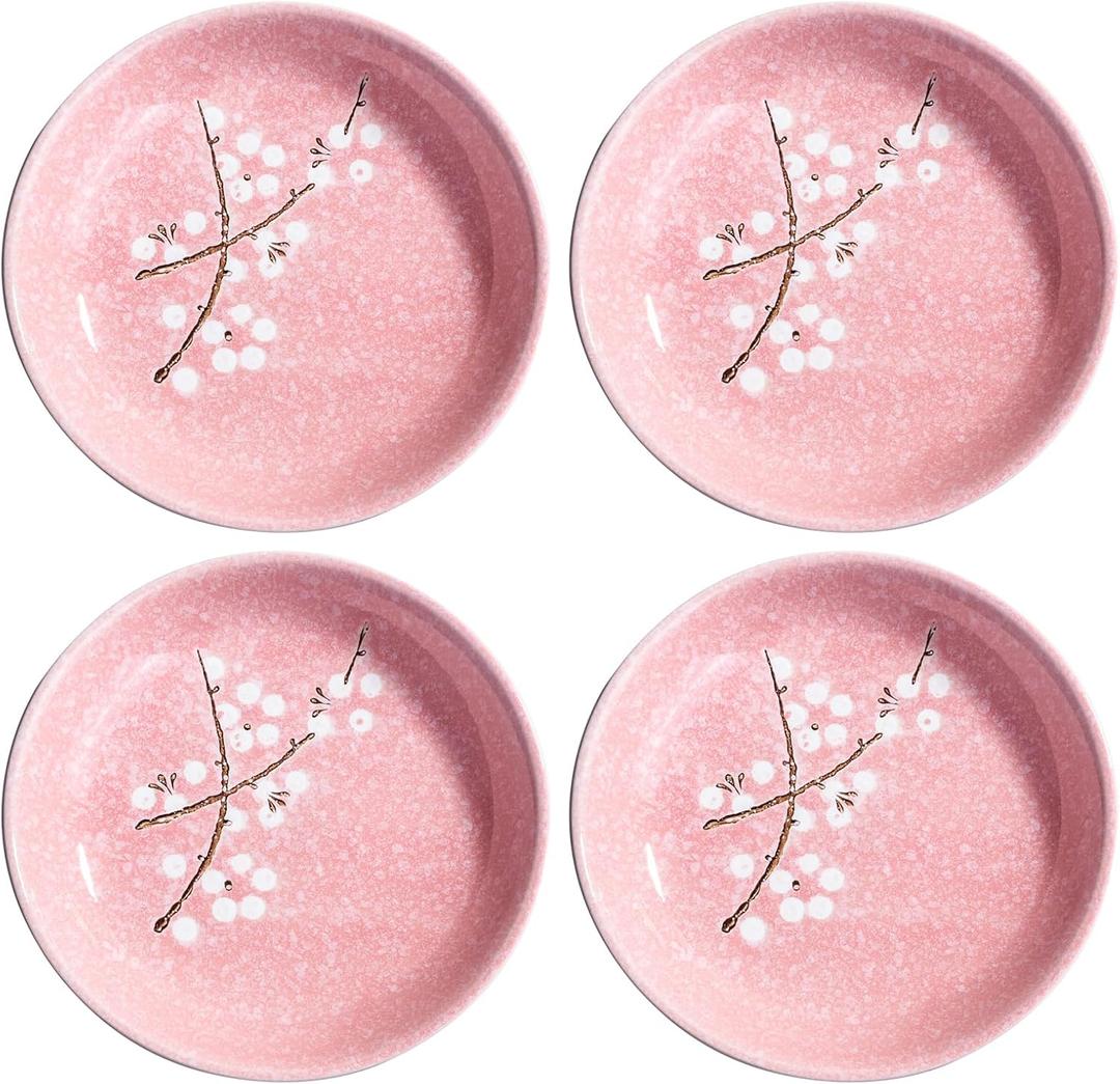 Japanese Ceramic Dinner Plates 7 Inch Pink Plates Set of 4, Cherry Blossom (FS)