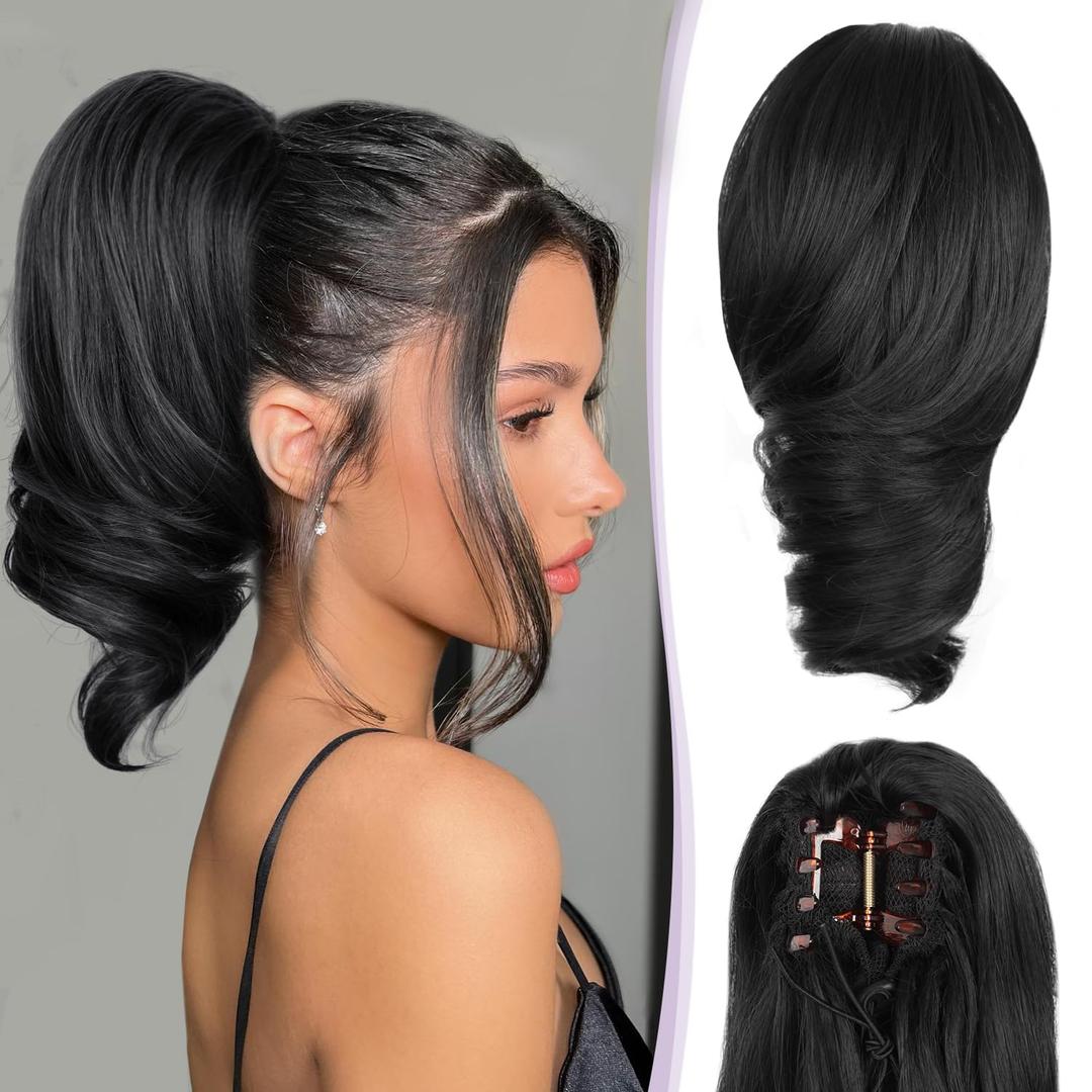 Clip on Ponytails for Women - 12 Inch Curly Black Ponytail Extension, Curly Pony Tails Hair Extensions, Synthetic Hair Extensions Ponytail, Natural Hair Pieces for Women (Color: Black)