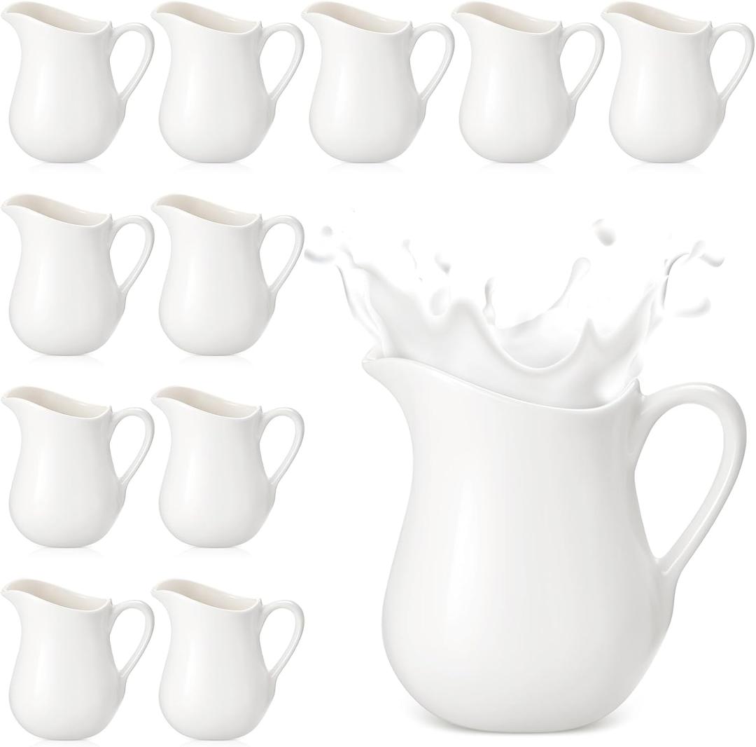Nuanchu 12 Pcs 3 oz Small Creamer Milk Pitcher, Classic White Porcelain Creamer with Handle, Ceramic Maple Syrup Dispenser, Coffee Dairy Container for Milk Sauce Salad, Microwave
