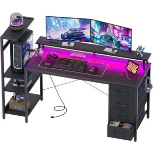 59 Inch Gaming Desk with Power Outlet and LED Lights, Computer Desk with 4 Drawers & Storage Shelves, Reversible Home Office Desk with Monitor Stand for Small Space Bedroom, Carbon Fiber Black