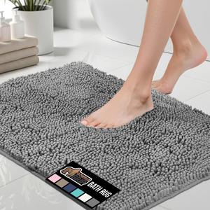 GORILLA GRIP Bath Rug Mat, Thick Soft Absorbent Chenille, Quick Dry Microfiber Mats, Rubber Backing Washable Shower Floor Rugs, Bathmat Runner, US Designed Bathroom Home Decor Accessories 24x17, Grey