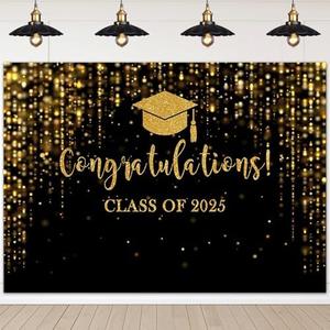 Mocsicka Class of 2025 Backdrop Black Silver Glitter Bokeh Graduation Party Background 2025 Congrats Grad Prom Party Cake Table Decoration Photo Booth Props (7x5ft)