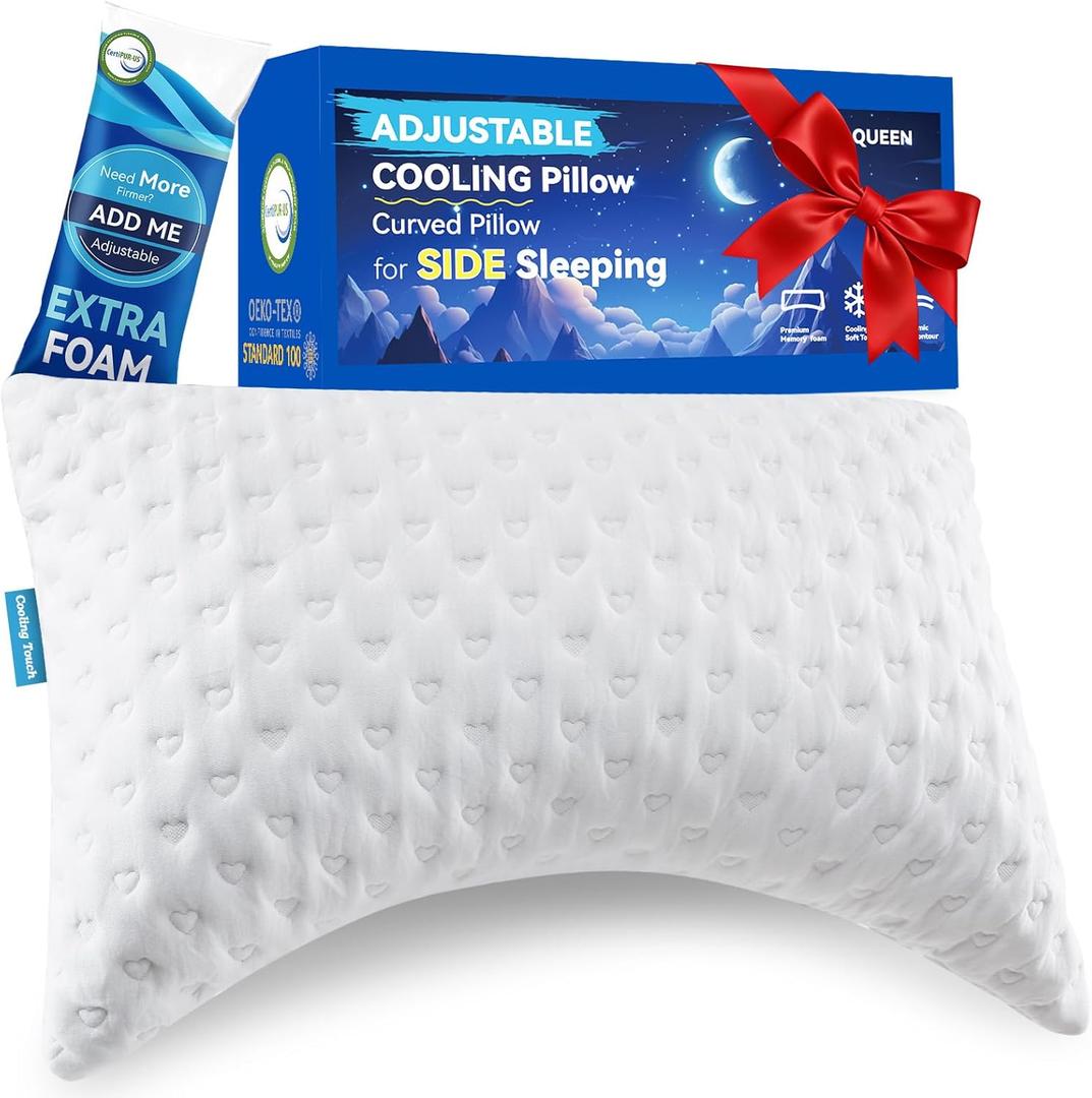Side Sleeper Pillows for Neck & Shoulder Comfort - Ergonomic Curved Crescent Design, Adjustable Shredded Memory Foam, Cooling & Soft Cover, Extra Fill Included, Queen Size