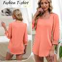 Women Dressy Shirt 3/4 Sleeve Blouse Casual 2025 Fall Fashion Top Square Neck Pleated Loose Fit Business Basic Top (Pink, M)