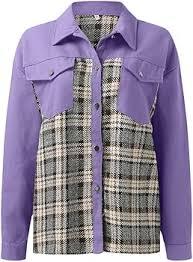 NILOINE Women's Cropped Plaid Shacket Jacket Long Sleeve Button Down Shirt Coat Tops with Pockets M