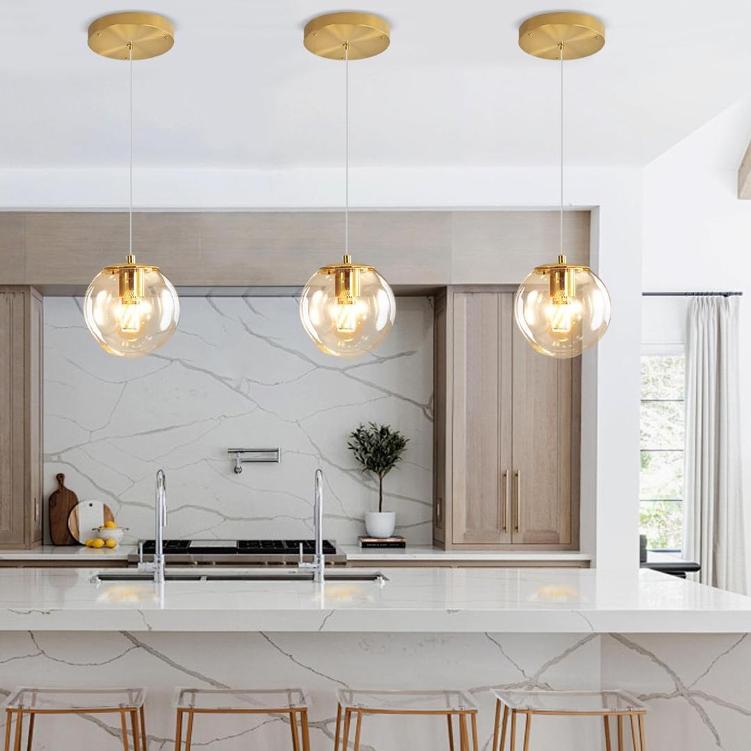 ykolupty Pendant Lights Kitchen Island Gold Globe Pendant Light Fixture,Mid Century Chandelier 1-Light Hanging Fixture for Kitchen Island,Adjustable Length Indoor Lighting for Dinning Room Bedroom