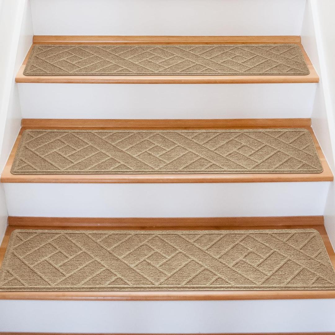 15 Pack 8 "X 30" Non-Slip Carpet Stair Treads for Indoor Wooden Steps, Made of Polyester and Reusable Adhesive, Suitable for Kids Elders and Pets, Beige Lines