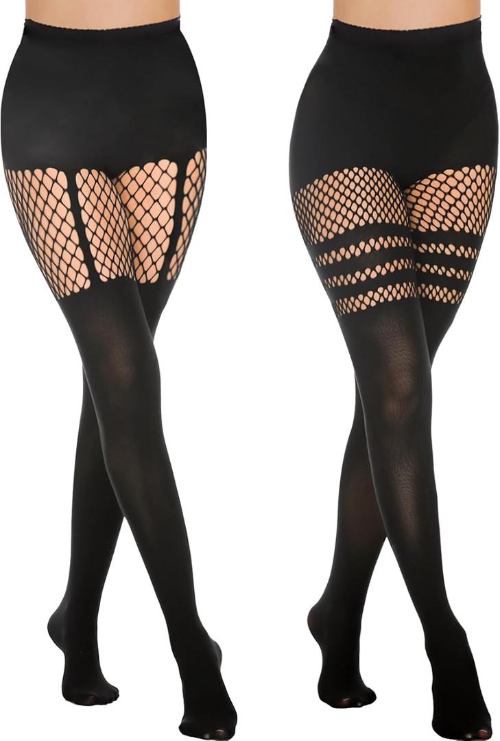 MANZI Faux Thigh High Tights Mock Suspender Pantyhose Striped Goth Fishnets Pack of 2 (One Size)