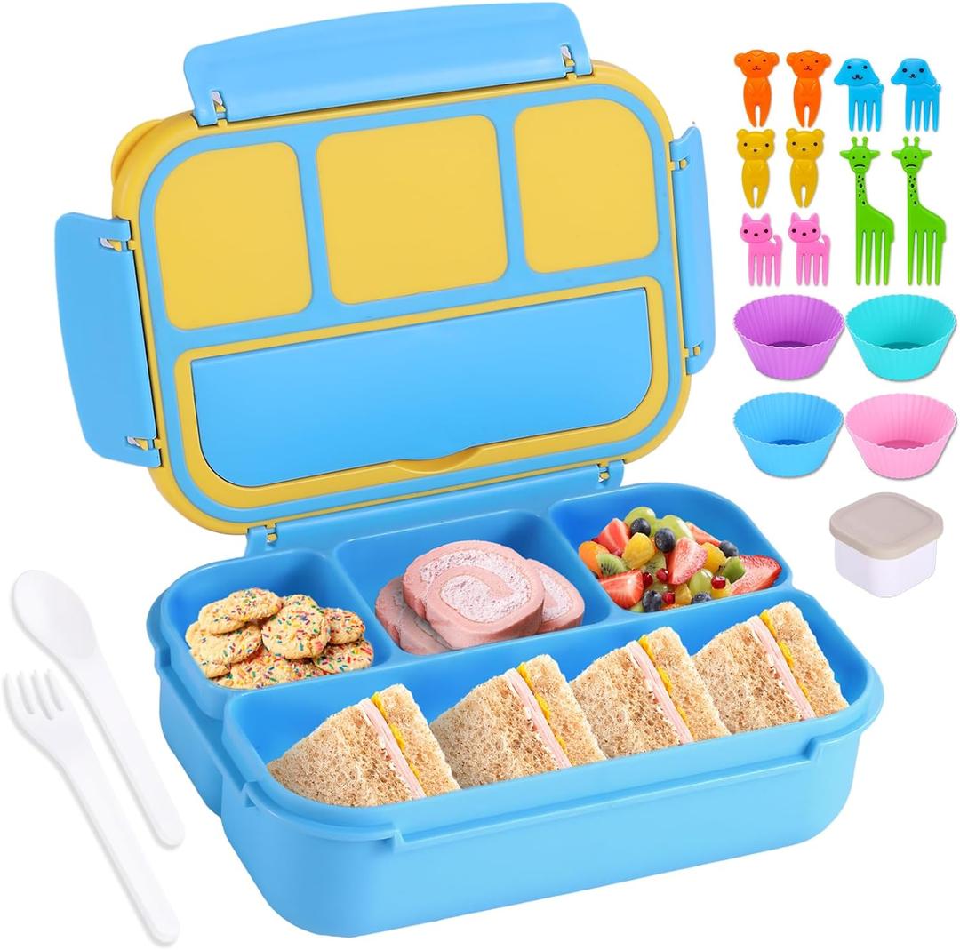 Bento Box for Kids Girls Boys, Bento Box Adult Lunch Box with 4 Compartments, Lunch Containers with Utensils, Sauce Jar, Muffin Liners for School, 40 Oz/5 Cup, Blue (1200ML)