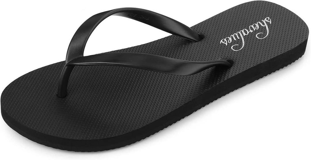 shevalues Slim Flip Flops for Women Beach Rubber Shower Shoes Basic Thong Sandals (Black)