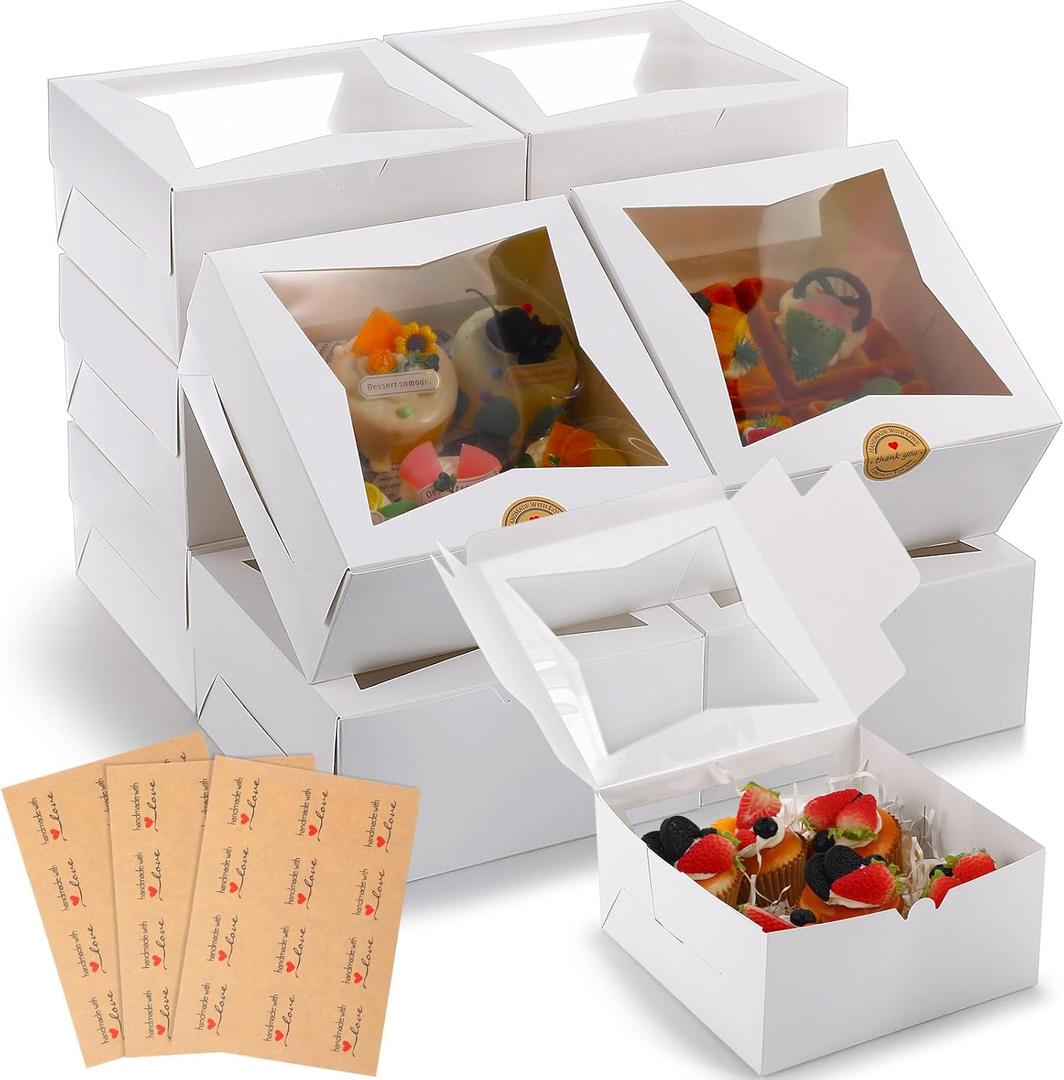 Zhanmai 36 Pcs Cake Boxes with Window 8 x 8 x 4 Inch Valentine's Day Bakery Boxes Cookie Box Pastry Box with Stickers for Cupcake Donuts Pie Dessert Muffins Pastry Wedding Birthday Party(White)