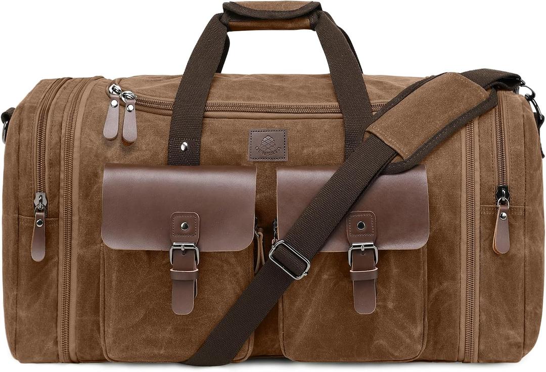 Waxed Canvas Duffle Bag for Men 50L Travel Duffel Bags Expandable Genuine Leather Duffel Overnight Weekender Carry On Bag Two Zipper Pockets Travel Bag (Vintage Dark Brown, Large-50L)