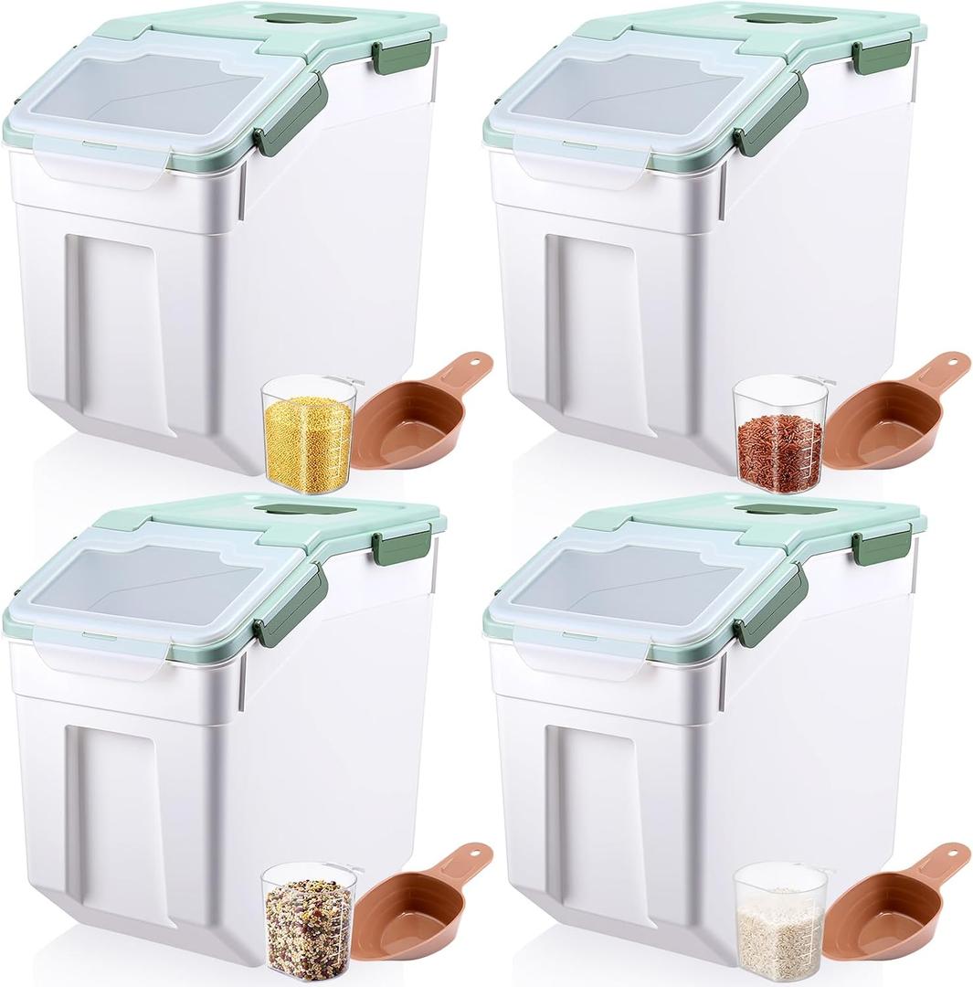 4 Pack 55 Lbs Rice Storage Container with Measuring Cup Airtight Flour Grain Cereal Sugar Storage Container with Locking Lid and Wheels Flour Bin Pet Food Plastic Boxes Sets