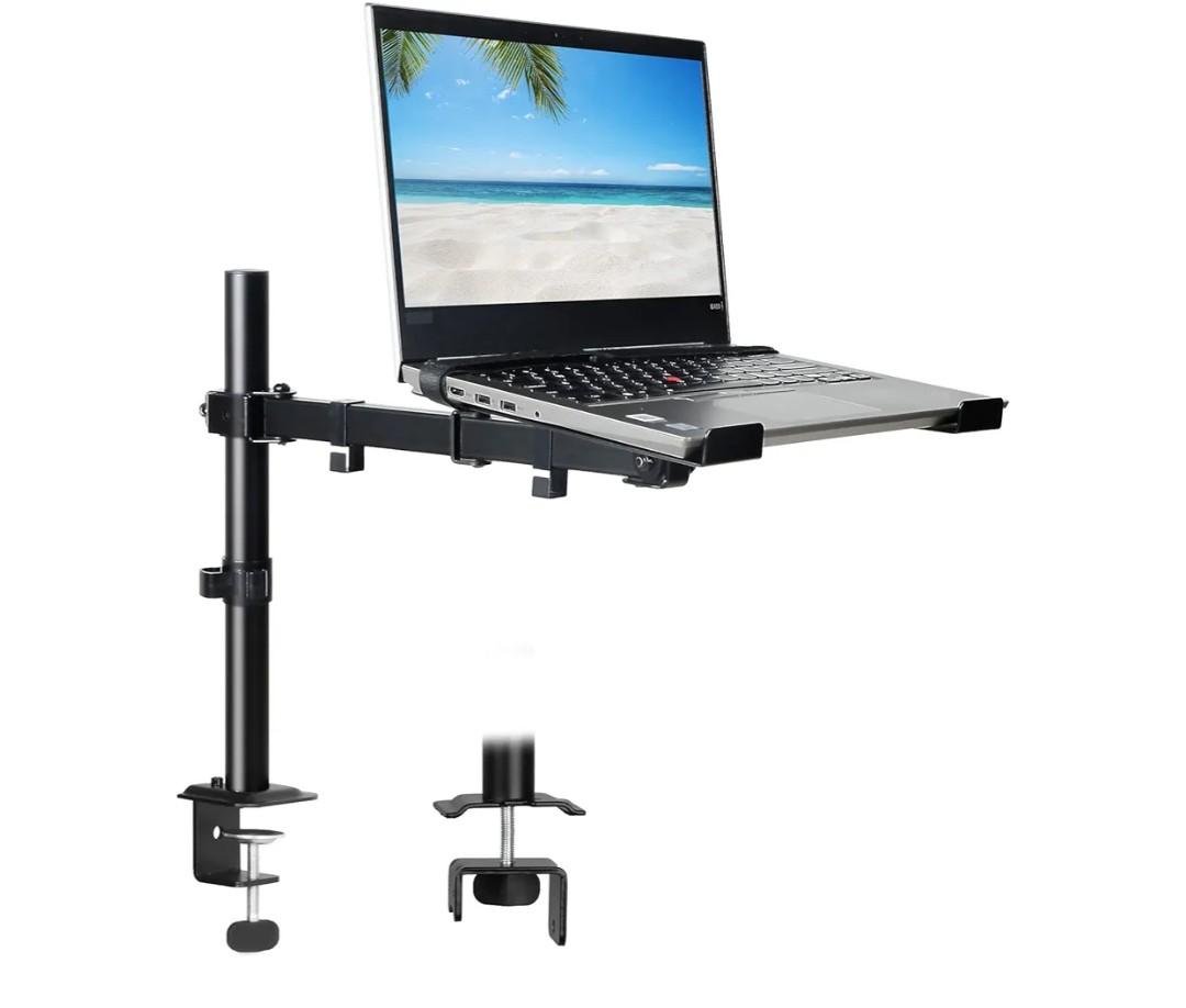 Laptop Desk Mount, Single Laptop Stand Arm with Vented Tray for 17 inch Notebook or 14”-32” Monitor, Holds up to 17.6 lbs, Fully Adjustable, Clamp/Grommet Mounting, VESA 75/100mm