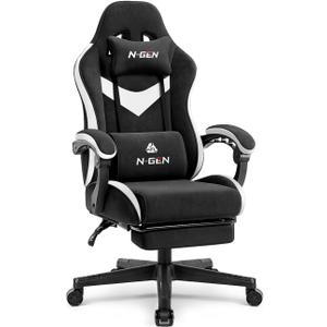 N-GEN GAMING Video Gaming Chair with Footrest Lumbar Support for Home Office High Back Recliner Height Adjustable Ergonomic Comfy Fabric Computer Desk Chair (Black)