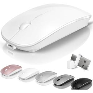 Kovess Mouse for Laptop Wireless Bluetooth - MacBook Air Mac Pro PC iPad Optical Rechargeable Silent Mouse with Jiggler Dual Mode Switch Bluetooth 5.2/3.0 and 2.4GHz USB-A and Type-C Receiver White