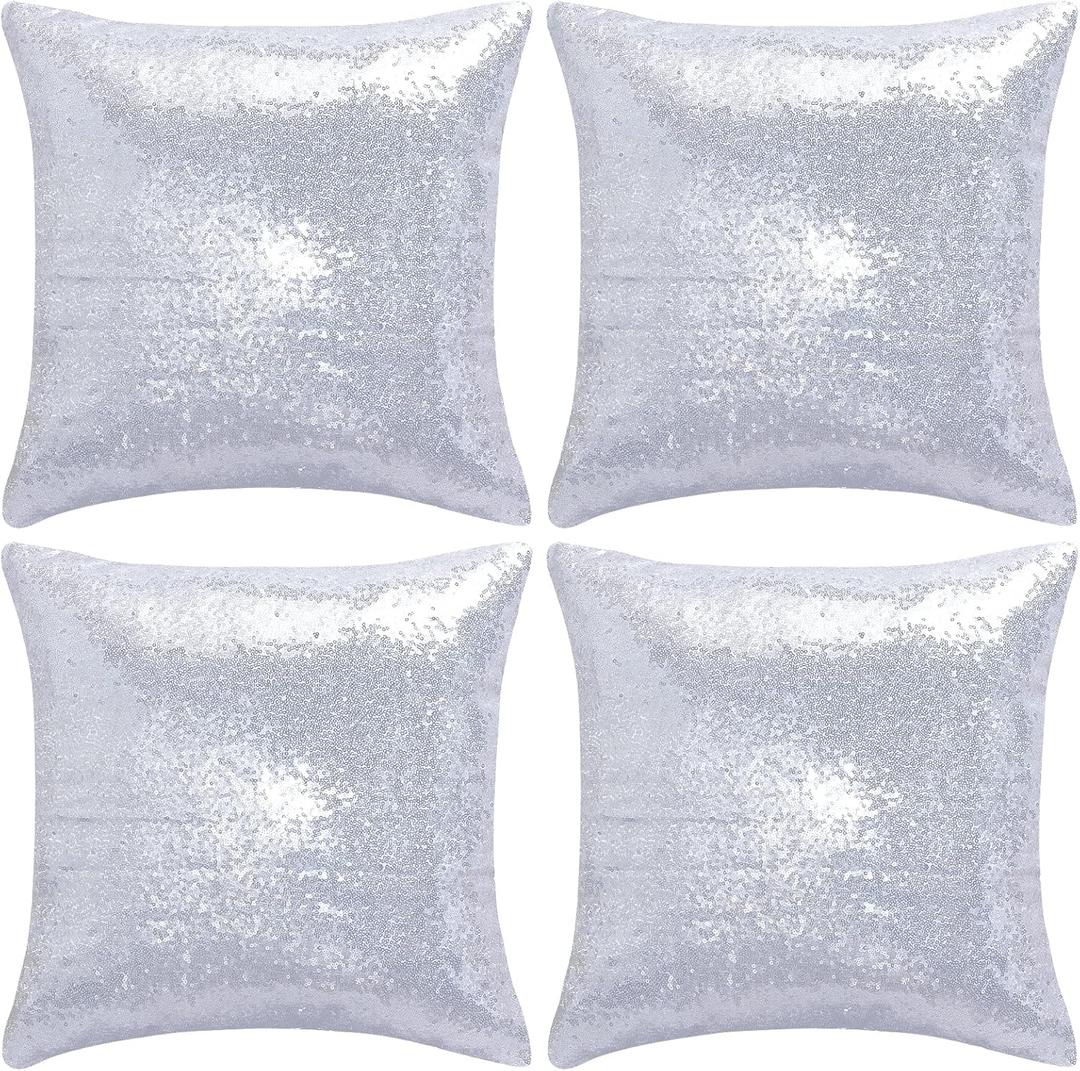 Silver Square Sequin Decorative Throw Pillow Covers Cushion Case for Chair Couch Bed Sofa Bedroom Living Room Wedding Home Decor (18"x18",4 Pack)