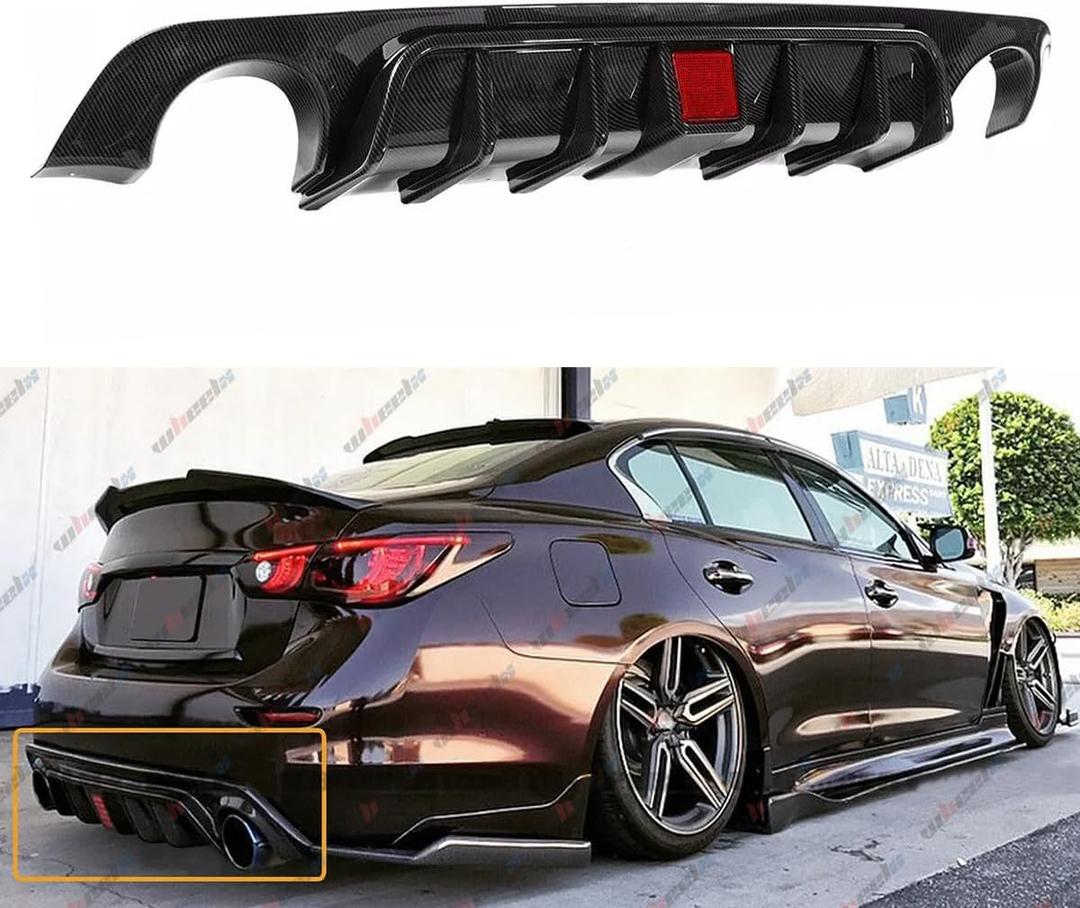 Rear Diffuser with Led Red Brake Light Compatible with 2018-2024 Infiniti Q50, Rear Bumper Spoiler Splitter Fit for 2018 2019 2020 2021 2022 2023 2024 4Door (Carbon Fiber Pattern)
