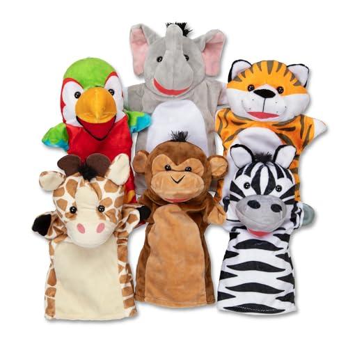 Melissa & Doug Safari Buddies Hand Puppets, Set of 6 (Elephant, Tiger, Parrot, Giraffe, Monkey, Zebra) Soft, Plush Puppet, Stuffed Animals, Pretend Play Toddler Toys for Girls & Boys 2+