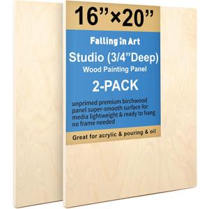 Unfinished Birch Wood Canvas Panels Kit, Falling in Art 2 Pack of 16x20 Studio 3/4 Deep Cradle Boards for Pouring Art, Crafts, Painting, and More