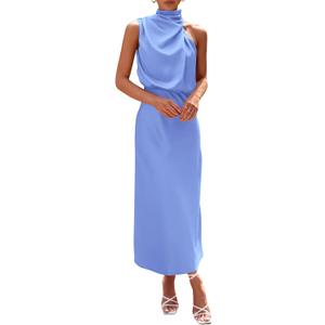 PRETTYGARDEN Women's 2026 Summer Satin Dress Elegant Sleeveless Mock Neck Cocktail Party Maxi Dresses (Medium, Blue)