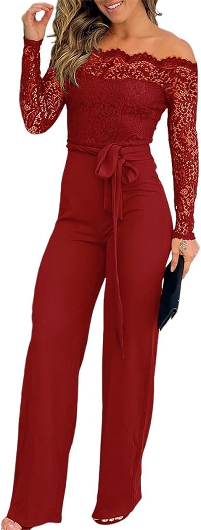 CHICME Womens Dressy Jumpsuits Casual One Piece Outfits Off Shoulder Lace Trim Overalls Straight Leg Pants (Medium, Wine Red)