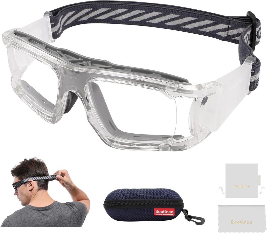 SooGree Basketball Soccer Football Sports Protective Eyewear Goggles Racquetball Sports Goggles Eye Safety Glasses (Transparent Frame Gray Pad)