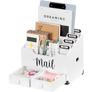RELBRO Mail Organizer Countertop, White Wood Desk Organizer with 2 Drawers 4 Compartments Office File Organizer Mail Letter Bill Paper Document Sorter for Home Study Desk Accessories
