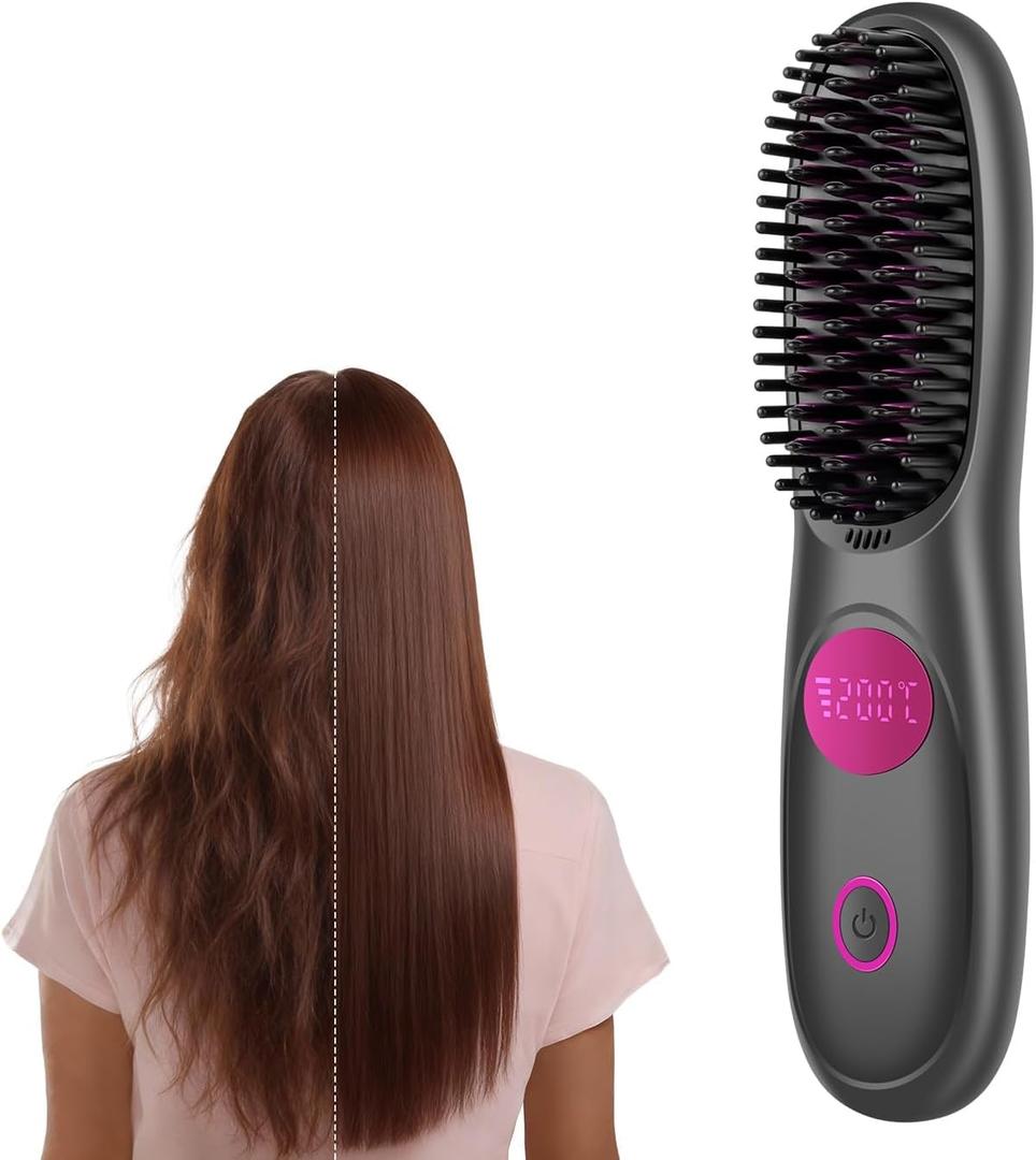 Go Brush Pro,2026 New Cordless Straight Hair Brush, Portable Scald-Proof mini Straight Hair Comb with Three Temperature Settings and LED Display Screen, Quickly Heating Travel Hair Brush (Black)