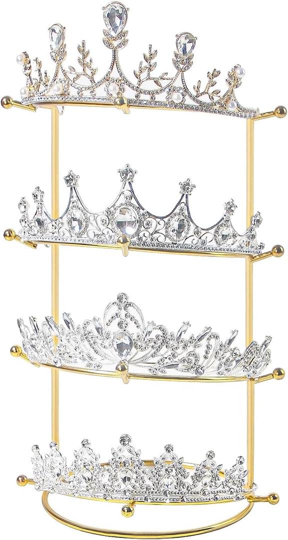 Byken 4 Tier Crown Holder,Tiara Organizer,.Golden Bridal Headdress Display Stand for Selling,Headband Ear Crown Storage Tower,Jewelry Holder for Girls Wedding Home Shop Store (Gold)