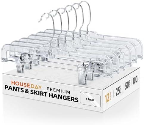HOUSE DAY 12 Pack 14 inch Clear Plastic Skirt Hangers with Adjustable Clips, Pants Hangers 360-Rotating Swivel Hook, Clip Hangers for Pants, Trousers, Skirts, Jeans, Bulk Plastic Hangers