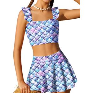 Arshiner Girls Swimsuit 3 Piece Bathing Suits Cute Bikini Tankini Sets Teen Ruffle Swimwear with Cover Up Skirt (Mermaid Blue, 9-10 Years)
