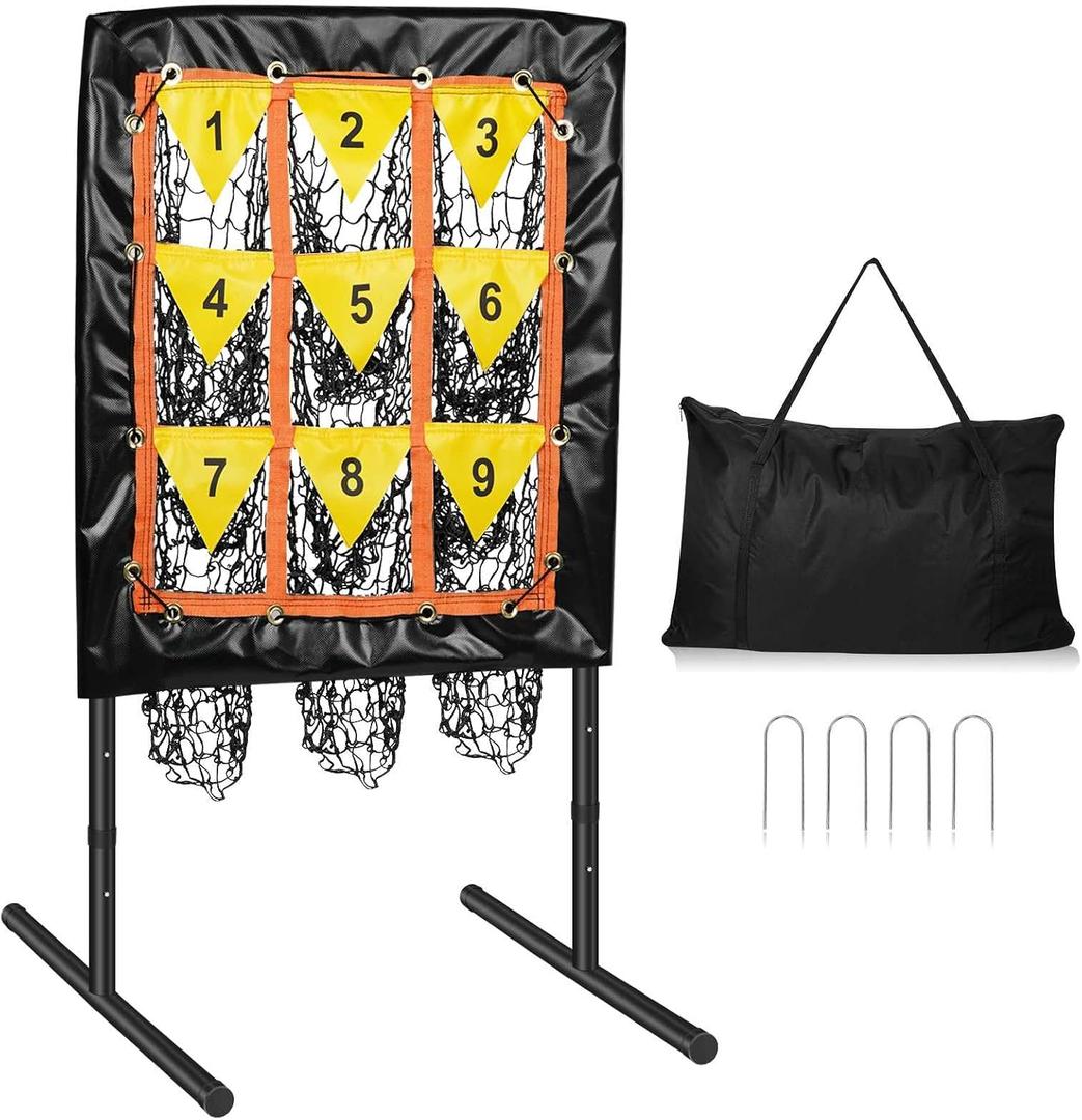 Pitching Net, 9 Hole Baseball Net with Strike Zone, Adjustable Baseball Softball Pitching Net with 9 Pocket Target, Portable Pitcher Practice Equipment for Outdoor Indoor, 39" x 42" x 45"