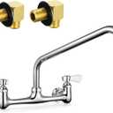 Kitchen Sink Faucet Wall Mount - 8 Inch Center Wall Mount Commercial Kitchen Sink Faucet with 12" Swivel Spout - Dual Lever Handles - Brass Constructed & Chrome Polished