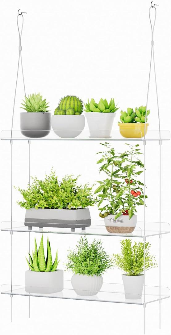 Lifewit 3-Tier Window Plant Shelves 15 inch, Acrylic Adjustable Hanging Floating Shelf, Window Sill Extender for Indoor Succulent Plants, Micro Greens, Seed Starter Pots, Herb Planters