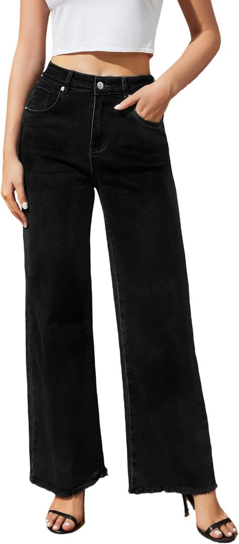 Women's Wide Leg Jeans High Waisted Strechy Jeans for Women Straight Raw Hem Loose Casual Denim (12 Long, Black)