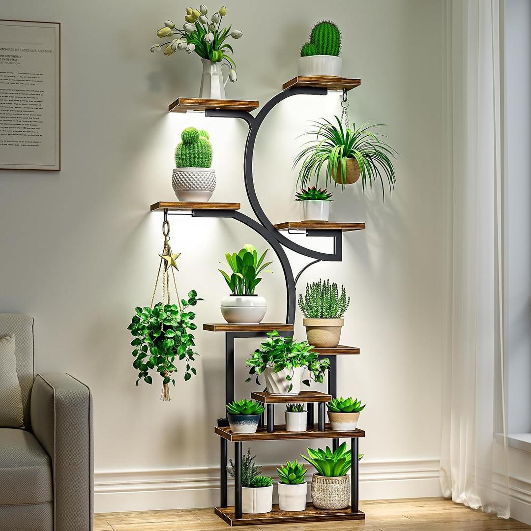 VECELO 66.1" Tall Plant Stand Indoor with Grow Lights, 9-Tier Plant Shelf with Hanging Hooks, S-Shaped Metal Plant Rack, Space-Saving for Home, Living Room & Corner Spaces, Brown