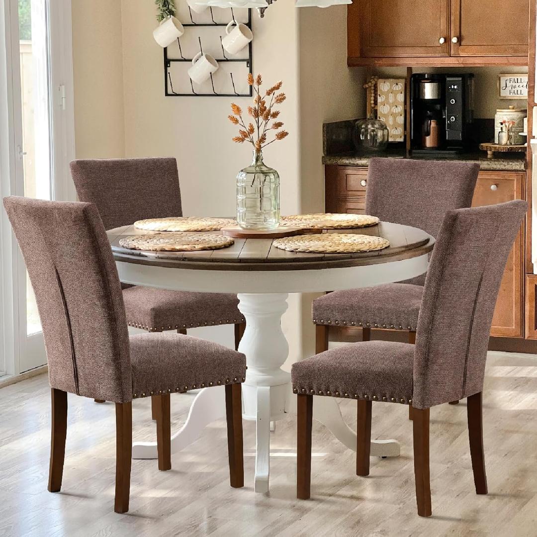 COLAMY Upholstered Parsons Dining Chairs Set of 4, Fabric Dining Room Kitchen Side Chair with Nailhead Trim and Wood Legs - Brown COLAMY Upholstered Parsons Dining Chairs Set of 4, Fabric Dining Room Kitchen Side Chair with Nailhead Trim and Wood Legs - Brown