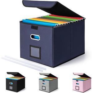 CADONO File Organizer Box with Lid, Large Hanging File Folder Organizer with Plastic Slide, Collapsible Portable Filing Storage Boxes for Office/Decor/Home (Navy Blue, 14.9 x 12.59 x 10.8 inch)